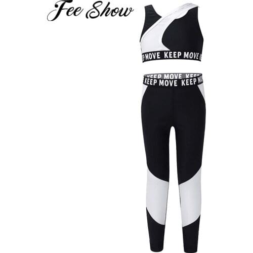 Kids Girls Yoga Sets Fitness Running Tracksuits Shoulder Straps Letters Print Sport Top Gym Set Elastic Waist Sportswear Outfits