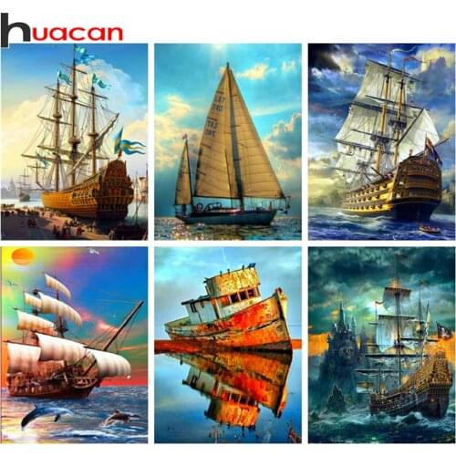 Huacan 5d Diamond Painting Full Square Sailboat Rhinestone Pictures Mosaic Ship Scenery Embroidery Wall Stickers