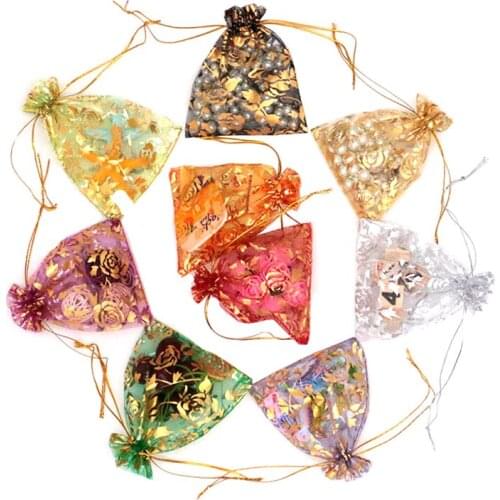 Wholesale New Golden-gilt Rose Organza Bags 100pcs 13*18cm Wedding Gift Rose Bag 11 Color Jewelry Packaging Bags Hand-making Bag