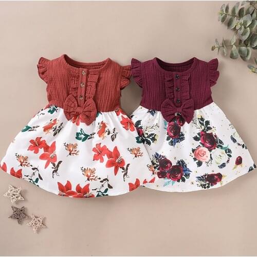 2021 Fashion Toddler Baby Girls Fly Sleeve Bowknot Splice Floral Print Dress Clothes Girl Summer Beach Party Princess Dresses