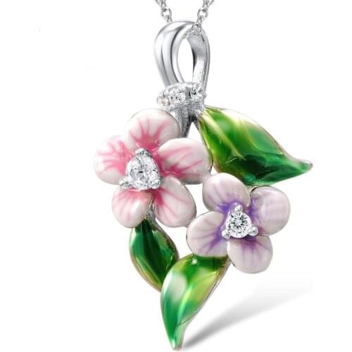 Fashion Women Flower Leaf Pendant Necklace with AAA Zircon Handmade Enamel Blossoms Elegant Silver Statement Necklace Best Gift