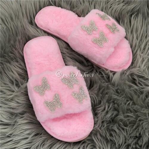 Fashion Wool Fur Slippers Leather Slippers Fluffy Fuzzy Kids Slides Slippers for Kids