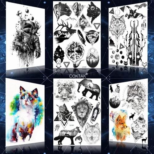 Men Realistic Ankle Triangle Animals Tattoos Sticker Women Body Arm Black Tiger Temporary Tattoos Neck Elephant Wolf Tatoo Sheet