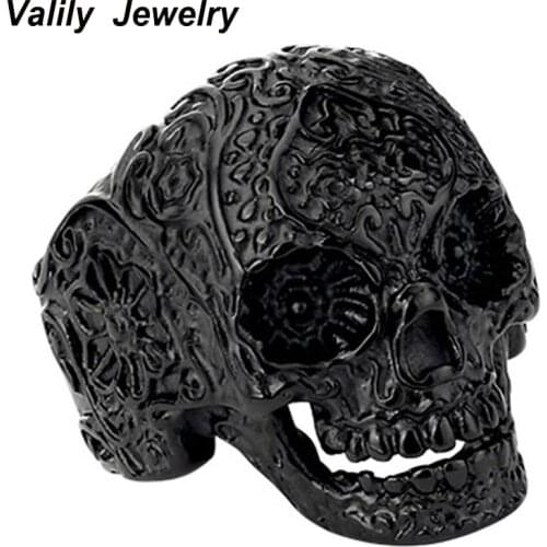 Mens Black Punk Vintage Pattern Skull Biker Ring,Stainless steel Mens Fashion Skeleton Finger Ring Jewelry