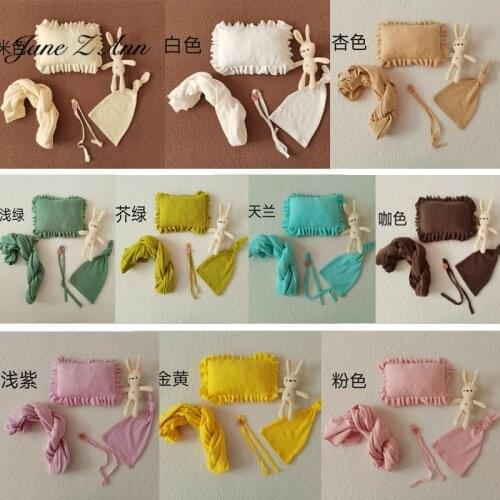New baby photo photography props studio shooting newborn milk silk hat+wrap+headband+rabbit doll+pillow 5pcs costume