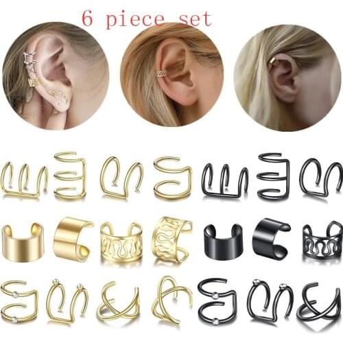 6-piece Set 2020 Fashion Womens Stainless Steel Ear Clip Golden Clip-on Earrings Pierced Fake Cartilage Earring Accessories