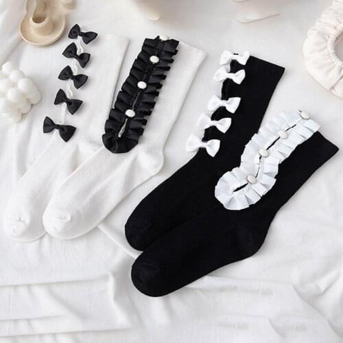 Lolita Bowknot Women Socks Long Asymmetry Socks Woman Hollow Jk Cotton Socks Female Dress Calcetines Medias