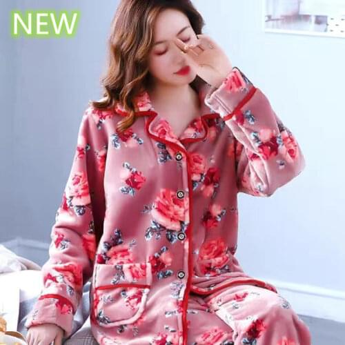 Winter Womens Pajamas Warm Sexy Embroidery Thick Flannel Pyjamas Turn-Down Collar Button Shirt Long Pant 2Piece/Suit Pajamas