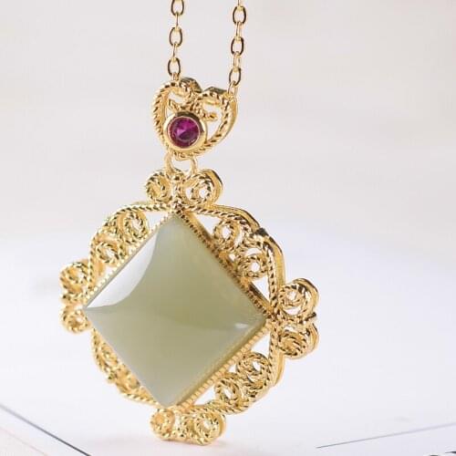Natural green jade pendant with gold 925 sterling silver necklace square jade necklaces pendants for women marcasite jewelry 25