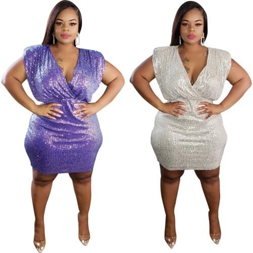 Plus Size Dresses For Women 4xl 5xl Big Size 2021 New Purple Shinny Sleeveless Deep V Neck For Party Robe Dress