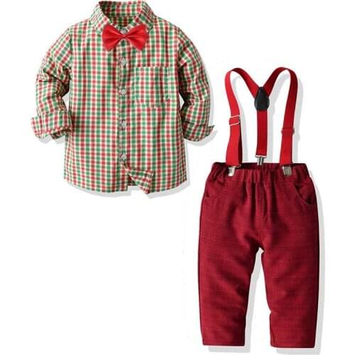 Christmas Kids Boys Gentleman Suits Autumn Single Breasted Bow Tie Shirts Overalls Set Boys Formal Wedding Wear Children Clothes