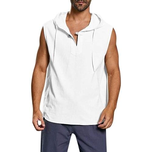 New Men Vintage Cotton Linen Shirts Solid Button Beach Sleeveless Hooded Shirt Tank Tops Slim Fit Dress Shirt Chemise Homme