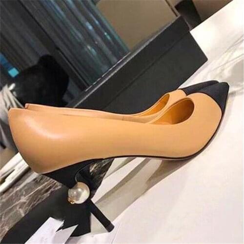 S Fashion new pointed toe color matching sheepskin high-heeled pearl heel womens shoes shallow mouth spring and autumn shoes