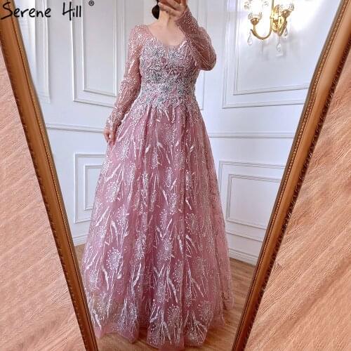Serene Hill Muslim Pink Luxury Evening Dresses 2021 A-Line Beaded Long Sleeves For Women Party LA71311