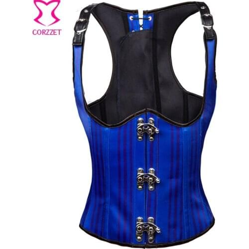 Bule/Black Striped Satin Full Back Cupless Corset Underbust Vest Bustier Sexy Gothic Clothing Corsets and Bustiers Steel Bone