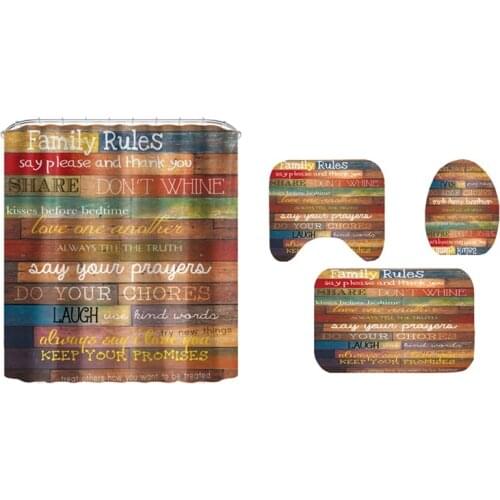 Shower Curtain Waterproof Fabric Polyester Bathroom Shower Curtain Family Rules Educational Bath Curtains Set with Hooks