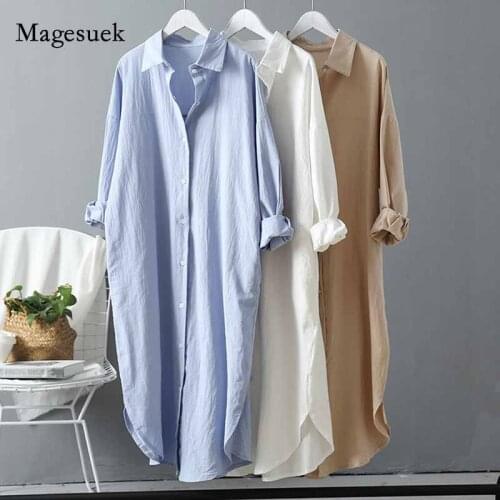 2020 New Linen Cottons Casual White/Blue Women Long Section Shirts Summer Cotton Women Blouses Plus Siize Ladies Tops 6793 50