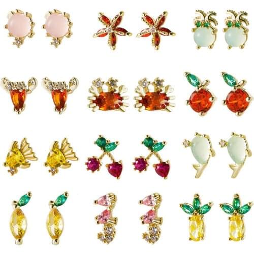 Creative Zircon Fruit Stud Earrings Marine Fish And Shrimp Biological Stud Earrings For Women Earing Jewelry Summer Earings A724