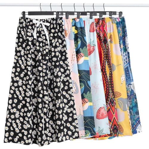 2020 Summer Ladies Loose Sleep Bottoms Pants Printed Soft Cotton Satin Simple Style Wide Leg Homewear Pants Women Casual Wear