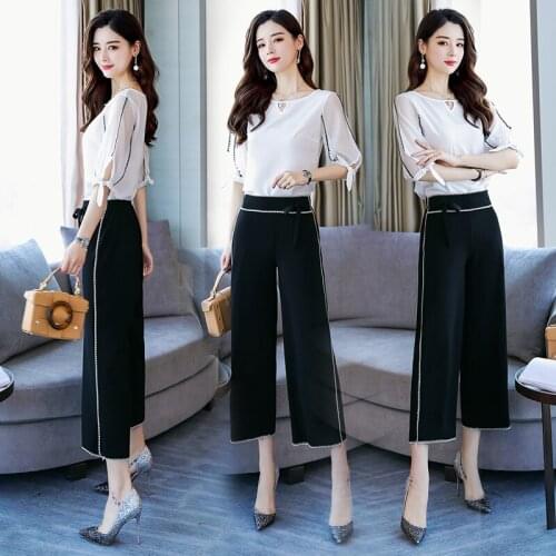 2021 Women Summer Style Tops Shirt And Calf-Length Pants Famale Pure Color Office Lady Womens Two Pieces Sets