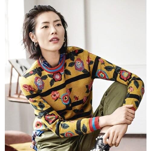 Runway Designer Autumn Winter Women Sweater Vintage Printed Floral Thick Long Sleeve Knitted Pullovers Fashion Tops