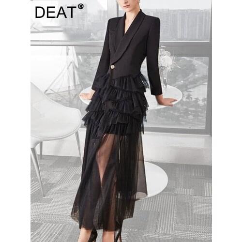 DEAT 2021 new summer and spring fashion women clothes turn-down collar full sleeves ruffles mesh patchwork suit dress WN26001