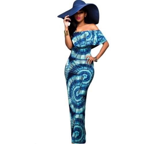 Semi-circular printing new woman sexy one word shoulder rayon HL elastic wrapped chest celebrity bandage lotus leaf dress