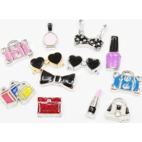 20pcs/lot Glasses Lipstick Perfume Nail Polish Bag Bow Tie Enamels Floating Charms For Glass Lockets Memory Pendant Jewelry