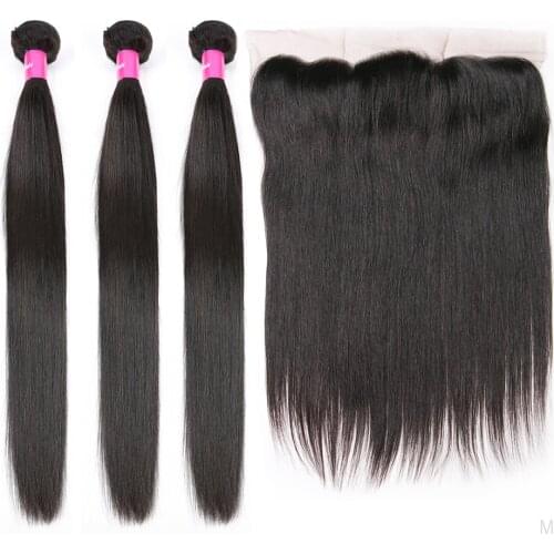 Brazilian Remy Hair Bundles With Frontal Straight Human Hair Bundles With Lace Frontal 13*4 Frontal With Bundles Middle Ratio