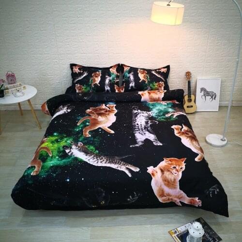 Black Space Cat 3 Piece Duvet Cover Set Digital 3D Bed Set