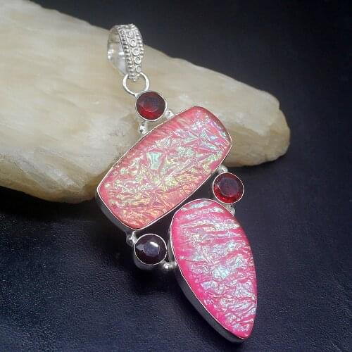 Gemstonefactory Jewelry Big Promotion 925 Silver Natural Dichroic Glass Garnet Women Ladies Mom Gifts Necklace Pendant 0423