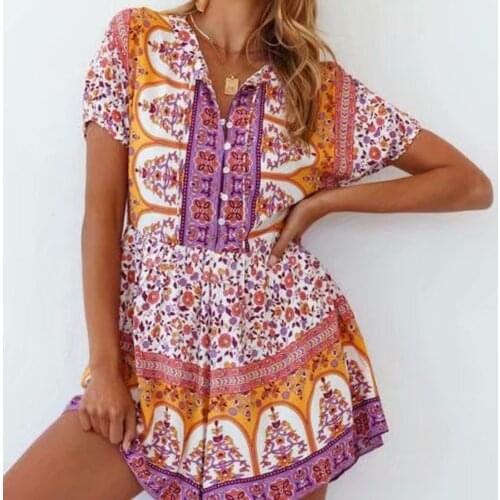 Jastie 2021 Casual Womens Jumpsuits Square Neck Short Sleeve Bow Lace-Up Floral Print Jumpsuit Bohemian Summer Beach Jumpsuit