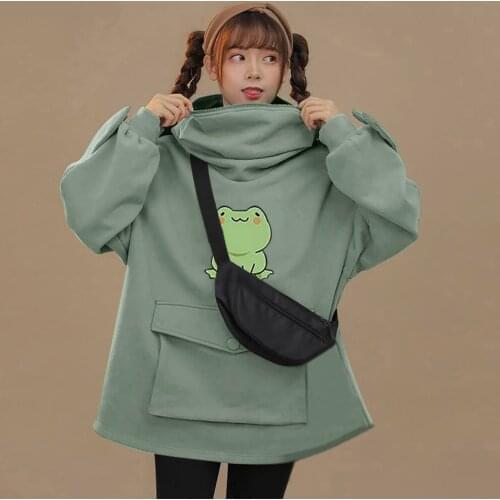 Kawaii Frogs Zipper Mouth Hooded Sweatshirts For Womens Teen Girls Causal Pullover Hoodies Pullover Tops With Large Pocket A40