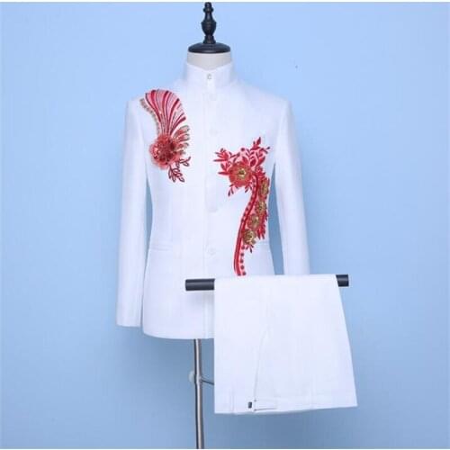 Chinese style tunic suit mens blazer masculino white fashion self-cultivation stand collar embroidery Tang suit chorus costumes