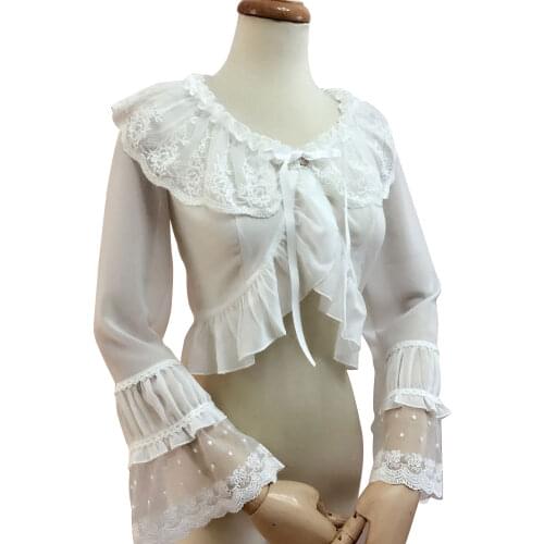 Sweet White Lolita Blouse Girls Long Flare Sleeve Shrug Top Three Colors (White, Beige, Black)