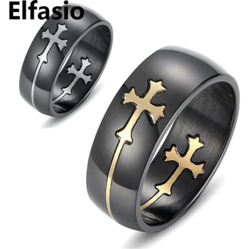 Mens Cross Stainless Steel Ring Band Two Tone Cut Out Silver Gold Fashion Jewelry Size 7-12