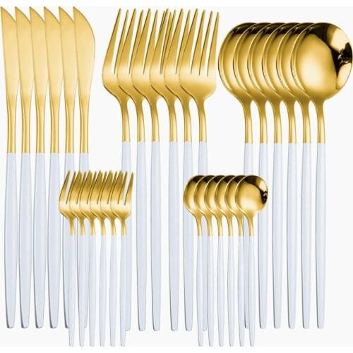 Golden Cutlery Set Stainless Steel Lunch Tableware Western Forks Knives Spoons Sets Flatware White Gold Dinnerware Dropshopping