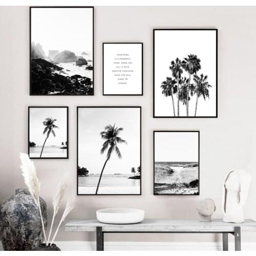Scandinavian Landscape Canvas Poster Ocean Beach Palm Wall Art Positive Quote Print Painting Nordic Black White Home Decor