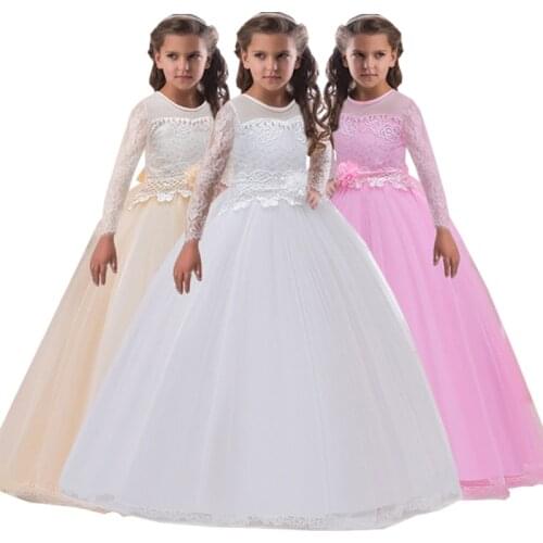 Wedding Dress for Girls Elegant White Bridesmaid Lace Flower Long Sleeve Tutu Evening Gowns Bow Girl Dresses 8 12 Years LP-227