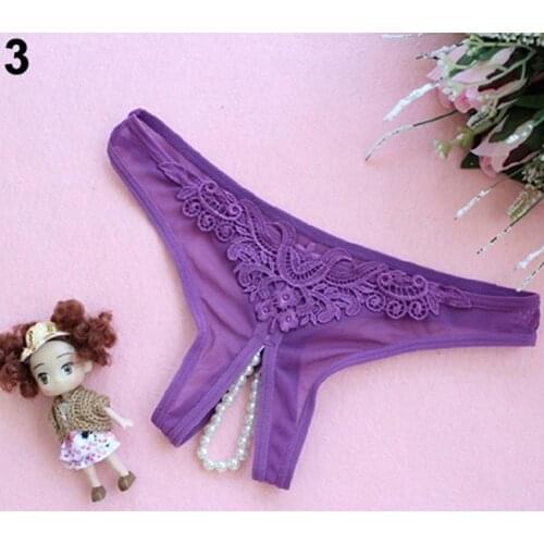 Womens Underwear Sexy G-string Briefs Lace Seamless Panties Transparent Faux Pearl Decor Thong Panties Underpants 6 Colors