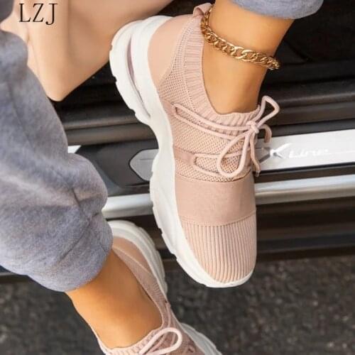 2021 Woman Sneakers Summer Woman Breathable Sock Casual Shoes Lace Up Tennis Mesh Shoes Female Sport Shoes Ladies Flat Big Size