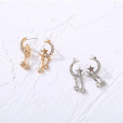Golden Silver Plated Stars Moons Starry Bling Rhinestone Alloy Dangle Drop Earrings for Women