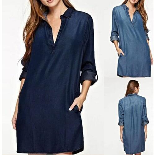 Vintage Denim Blue Women Dress Autumn V-Neck Long Sleeve Washed Denim Shirt Dresses Fashion Vestido De Mujer Loose Casual Robe