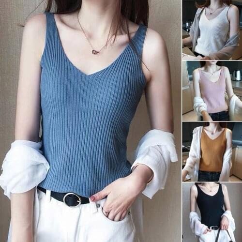 Women Solid Color V Neck Sleeveless Kinitting Slim Vest Top Breathable for Summer A66