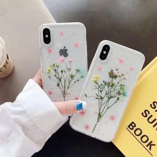 Tfshining Dried Real Flower Case For iPhone 11 X XS Max XR 6 6S 7 8 Plus X 11Pro Max SE 2 Case Handmade Glitter Clear Back Cover
