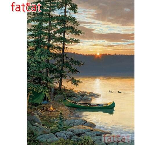 FATCAT 5D DIY Diamond Painting Canoe Lake Full Square Round Drill Scenery Mosaic Diamond Embroidery Natural Scenery Decor AE2022