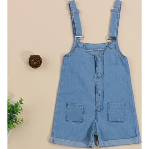 FOCUSNORM 1-6Y Summer Fashion Toddler Girls Overalls Shorts Blue Denim Button Sleeveless Straight Pocket Jumpsuits