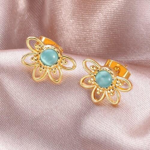 Korean Cute Blue Opal Flower Earrings For Women Wedding Jewelry Accessories Best Friend Mom Mothers Day Gift Bijoux