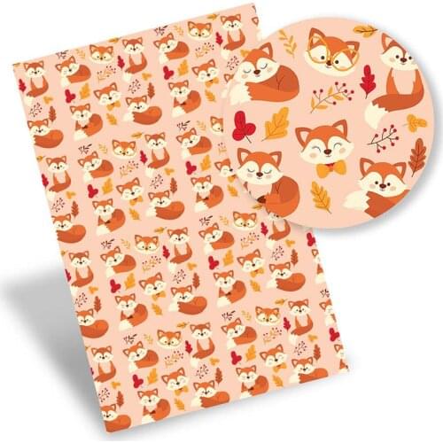 Faux Leather Sheets Cartoon Fox Printed Vinyl Fabric Synthetic Leather Bows Making Material DIY Handbags 22*30cm/A4 0.8mm 1pc