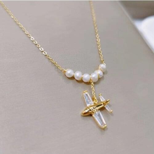 MiFaViPa Jewelry Trendy Crystal Airplane Necklace Natural Pearl Air Plane Pendant Necklaces For Men Women Aircraft Jewelry